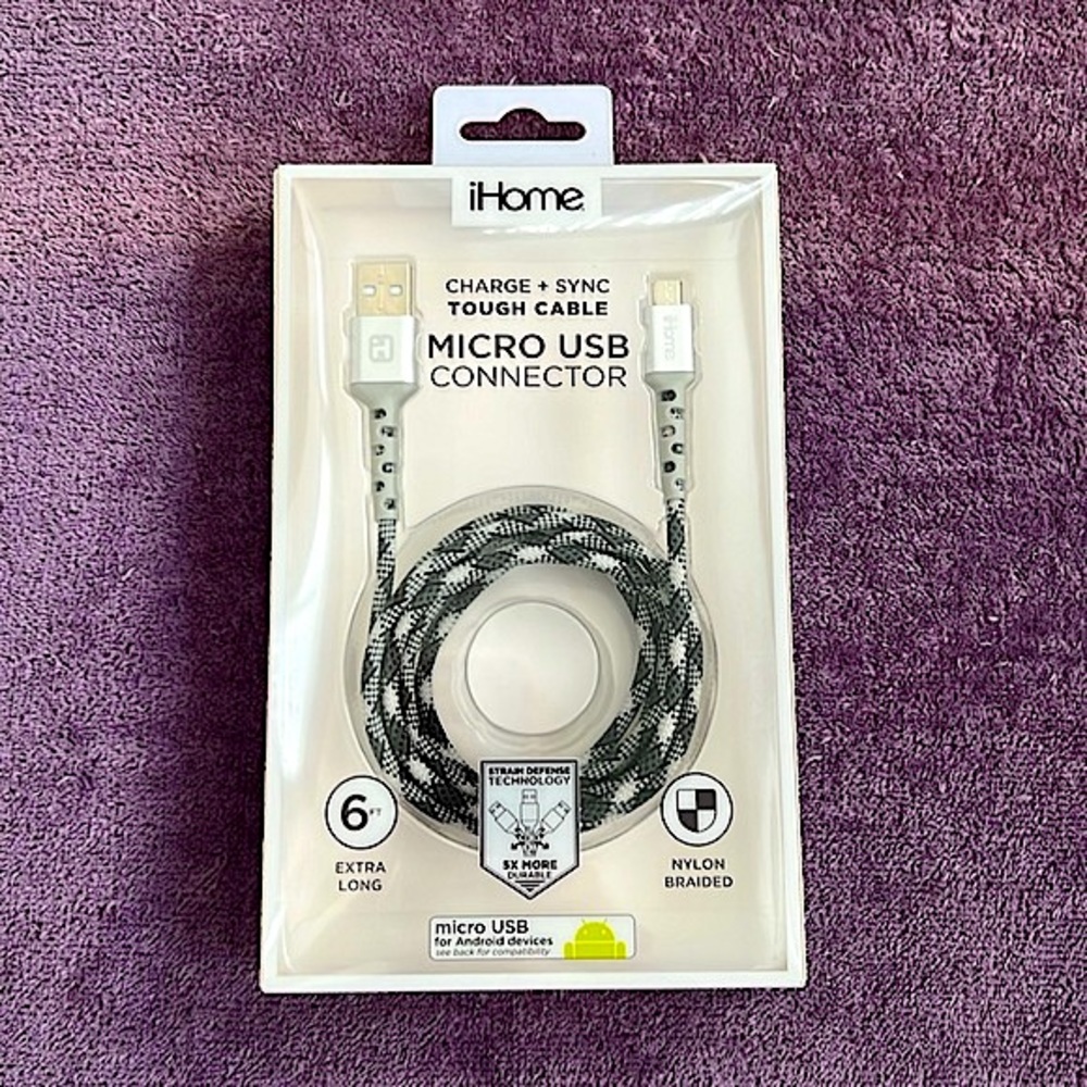 iHome Charge + Sync Tough Cable Micro USB Braided 6 ft Cord New For Android